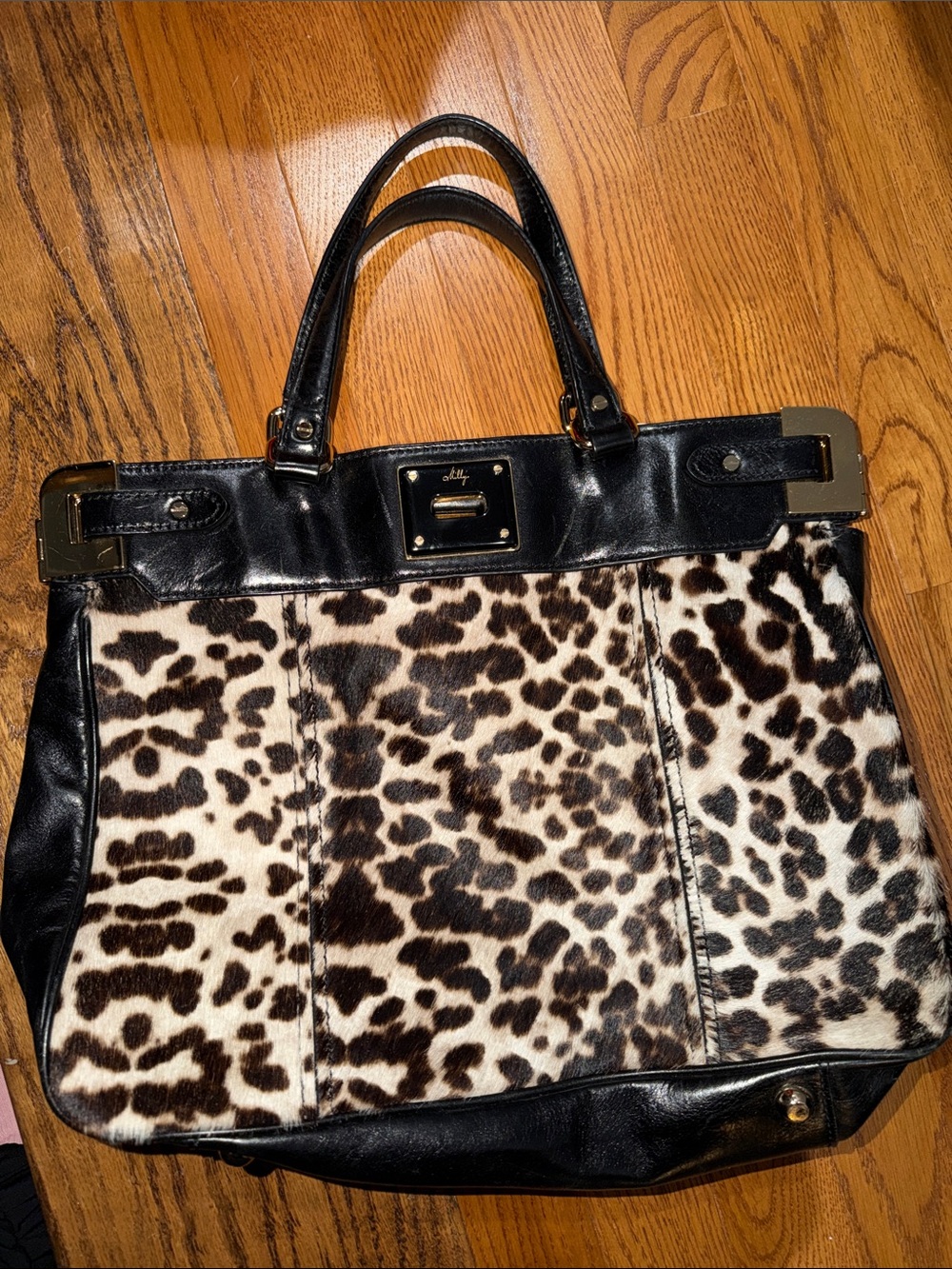 Milly Amelia Leopard Print haircalf and black leather Tote Bag